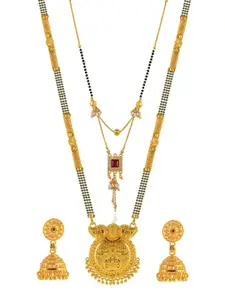 Brandsoon Set Of 2 Gold-Plated & Black Beaded Mangalsutra With Earrings