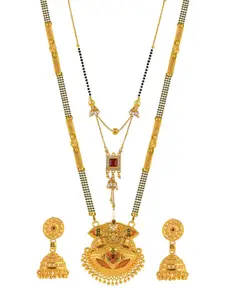 Brandsoon Set Of 2 White & Red Gold-Plated Studded Mangalsutra With Earrings
