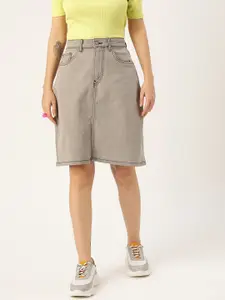 DressBerry Grey Solid Casual Denim Straight  Skirt