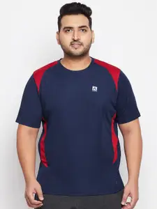 AUSTIVO Plus Size Men Blue & Red Colourblocked Sports T-shirt