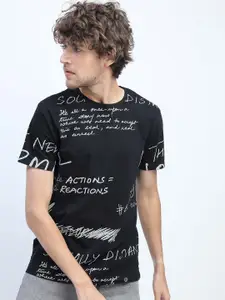 LOCOMOTIVE Men Black Abstract Printed Cotton Slim Fit T-shirt