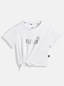 Puma Girls White Printed Pure Cotton Essentials+ Logo Knitted Youth T-shirt