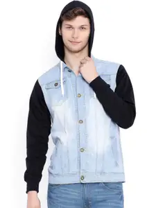 Campus Sutra Blue & Black Hooded Denim Jacket