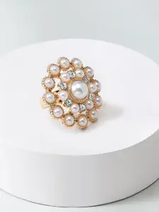 AMI Women Gold-Plated & White Pearl Beaded Adjustable Finger Rings