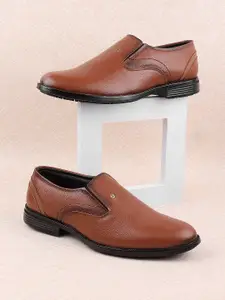 Mochi Men Tan Brown Solid Leather Formal Slip-Ons