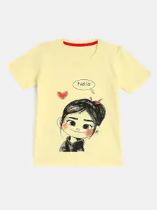 YK Girls Yellow & Black Printed Pure Cotton T-shirt