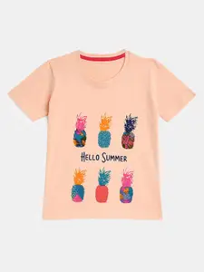 YK Girls Peach Printed Pure Cotton Outdoor T-shirt