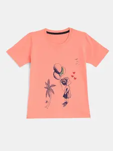 YK Girls Peach-Coloured Girl With Balloon Printed Pure Cotton T-shirt