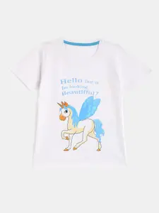 YK Girls White & Blue Unicorn Printed Pure Cotton T-shirt
