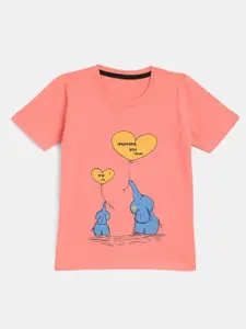 YK Girls Peach-Coloured Printed Pure Cotton Applique T-shirt