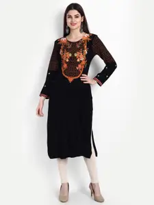 SUTI Women Black Floral Embroidered Flared Sleeves Thread Work Kurta
