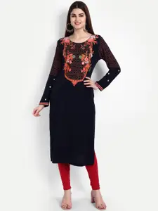 SUTI Women Navy Blue Floral Wool Embroidered Thread Work Kurta