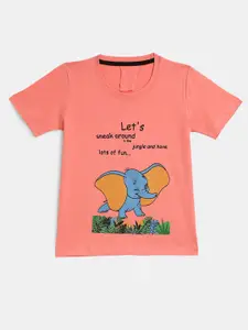 YK Girls Peach-Coloured & Blue Typography Elephant Printed Pure Cotton T-shirt