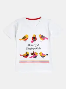 YK Girls White Printed Pure Cotton Applique Outdoor T-shirt