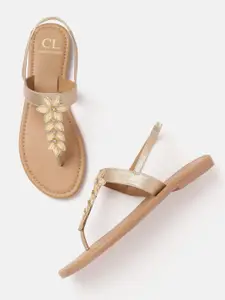 Carlton London Women Gold-Toned & Cream-Coloured Floral Embellished T-Strap Flats