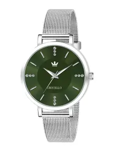 CRESTELLO Women Green Brass Dial & Silver Toned Stainless Steel Bracelet Style Straps Analogue Watch