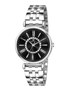 CRESTELLO Women Black Brass Embellished Dial & Silver Toned Stainless Steel Bracelet Style Straps Analogue Watch