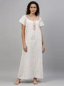 TRUNDZ White Printed Cotton Maxi Nightdress