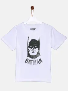 YK Justice League Boys White & Black Batman Printed Pure Cotton T-shirt
