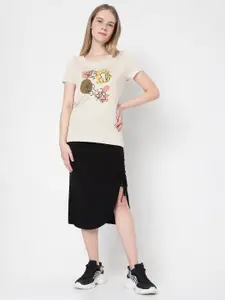 Vero Moda Women Beige Printed Cotton T-shirt
