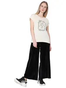 Vero Moda Women Beige & Black Typography Printed Cotton T-shirt