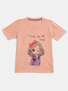 YK Girls Peach-Coloured Blink Eyes Doll Printed Pure Cotton T-shirt
