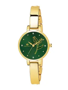 CRESTELLO Women Green Brass Embellished Dial & Gold Toned Bracelet Style Straps Analogue Watch