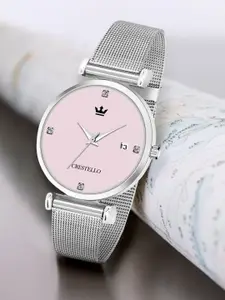CRESTELLO Women Pink Brass Embellished Dial & Silver Toned Analogue Watch