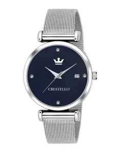 CRESTELLO Woman Blue Brass Embellished Dial & Silver Toned Bracelet Style Straps Watch