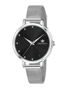 CRESTELLO Women Black Brass Dial & Silver Toned Stainless Steel Straps Analogue Watch