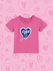 U.S. Polo Assn. Kids Girls Pink Brand Logo Foil Print Round Neck Pure Cotton T-shirt