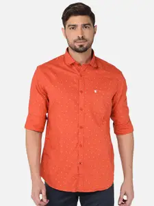 Oxemberg Men Coral & White Classic Slim Fit Printed Cotton Casual Shirt