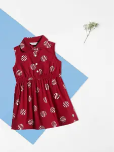 U.S. Polo Assn. Kids Girls Red Printed Pure Cotton Fit & Flare Dress