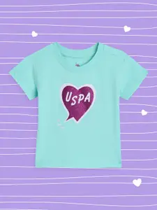 U.S. Polo Assn. Kids Girls Blue Brand Logo Foil Print Round Neck Pure Cotton T-shirt