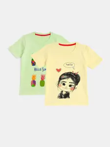 YK Girls Green & Yellow 2 Printed T-shirt