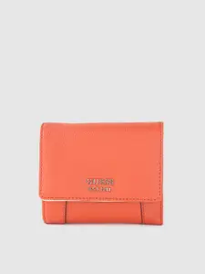 GUESS Women Orange Grainy Textured Three Fold Wallet