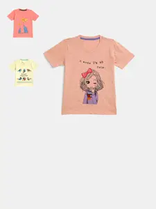 YK Girls Peach & Yellow Pack of 3 Printed T-shirt