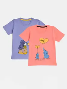 YK Girls Purple & Peach Pack Of 2 Graphic Printed T-shirt