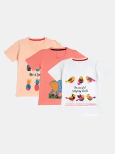 YK Girls Pack of 3 Peach & White Printed Applique T-shirt