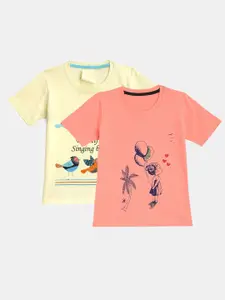 YK Girls Pack of 2 Yellow & Peach-Coloured Printed T-shirt