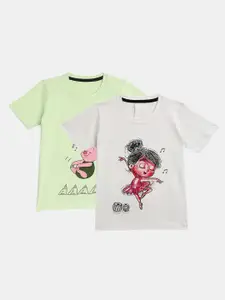 YK Set Of 2 Girls Green & White Printed T-shirt