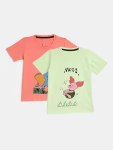 YK Girls Pack of 2 Peach & Mint Green Printed Applique T-shirt