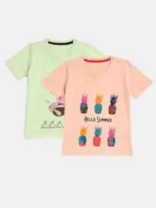 YK Girls Pack of 2 Green & Peach-Coloured Cotton Printed T-shirt