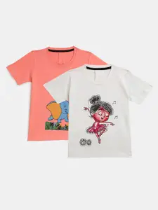 YK Girls Pack Of 2 Peach & White Printed T-shirts