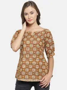 Enchanted Drapes Brown Ethnic Print Jaipuri Cotton Top
