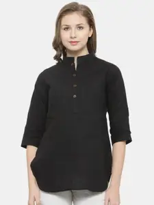 Enchanted Drapes Black Mandarin Collar Pure Cotton Shirt Style Top