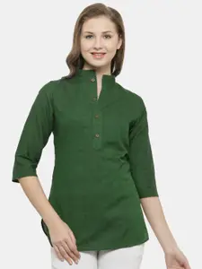 Enchanted Drapes Green Mandarin Collar Pure Cotton Shirt Style Top