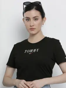 Tommy Hilfiger Women Black Brand Logo Printed Pure Cotton T-shirt