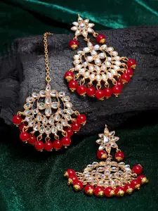 ZENEME Gold-Plated & Red Pearl & Kundan Studded Maang Tikka With Earrings