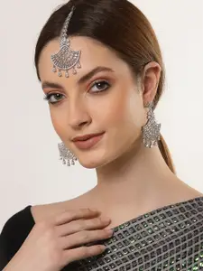 ZENEME Silver Plated White American Diamond Studded Maang Tikka With Earrings Set
